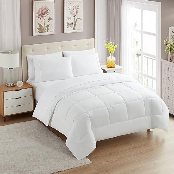 Sweet Home Collection 7 Piece Comforter Set Bag Solid Color All Season Soft Down Alternative Blanket & Luxurious Microfiber Bed Sheets, White, Queen (Pack of 4, 28 Count Total)