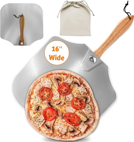 Pizza Peel 16 inch, Approx16 Wx 18" L, Aluminum pizza peel with Foldable Wood Handle and Storage Bag, Non-perforated