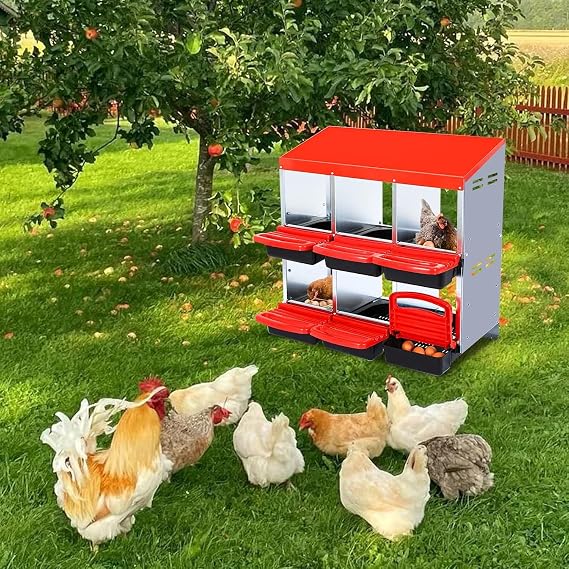 Chicken Nest Box, 6-Hole Egg-Laying Box, Rolling Tilting Metal Hen House, Convenient for Collecting Eggs - Ventilated Poultry House Equipment - Suitable for Hens, Ducks. Red,Without Stand