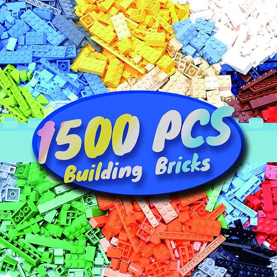 1500 Piece Classic Bulk Building Bricks Set for Creative Building | Compatible with major brick brands; made of ABS plastic; includes 10 assorted colors.