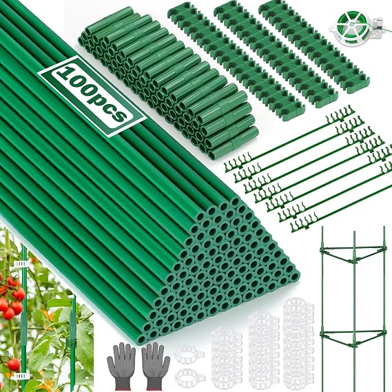 310PCS Garden Stakes Set with 100PCS 16 Inch Fiberglass Plant Sticks and Stake Arms, DIY 4ft 5ft 6ft 7ft 8ft Tomato Stakes, Garden Stakes for Vegetables, Tomato Pepper, Indoor Outdoor Plants