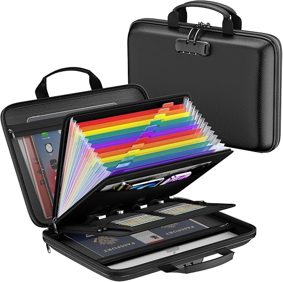 Fireproof File Organizer with Lock, Hard-Shell Document Box, Black | Water Resistant, 13-Pocket Expanding Folder, Portable Safe Storage for Letter Legal Files, Laptop, Valuables, Large Capacity