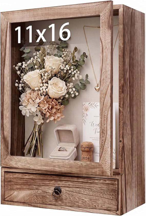 Deep Shadow Box Frame 11x16, 4" Depth Display Case with Drawer, Rustic Solid Wood Memory Box with Acrylic Door for Wedding Bouquet, Medals, Memorial Photos, Keepsakes, Wall or Tabletop