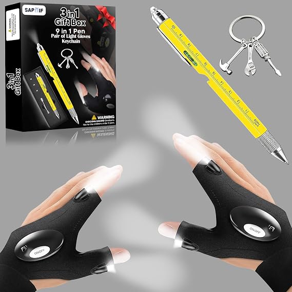 Gifts for Men Him Dad, 3 in 1 Multi Tool Gift Set with 9 in 1 Multi Tool Pen, LED Flashlight Gloves, Tool Keychain, Birthday Gifts Dad, Husband, Boyfriend, Handy DIY Gifts