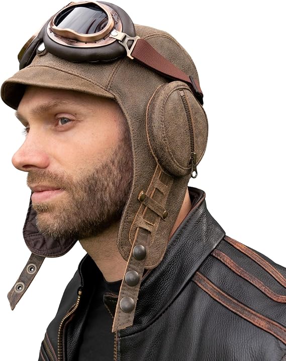 Leather Aviator Helmet, Brown Aviator Hat, Pilot Style Cap, Men/Women, William Model
