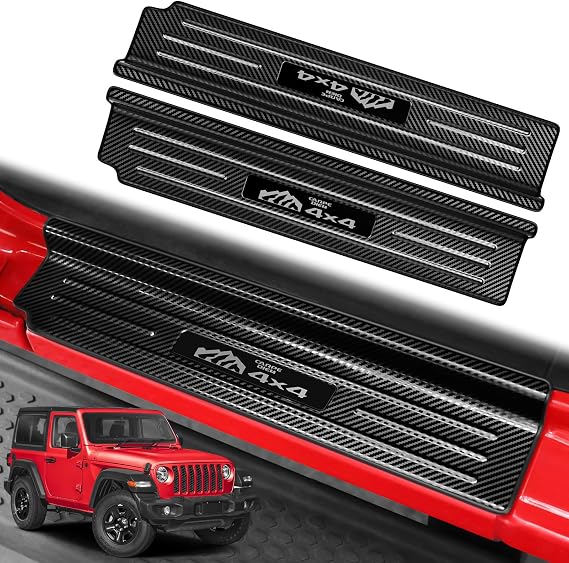 2PCS Door Sill Guards for Jeep Wrangler 2018-2025 2026 JL JLU & 2020-2026 Gladiator JT Accessories, Stainless Steel Door Sill Protector,Sport Rubicon 2 Door (Carbon Fiber)