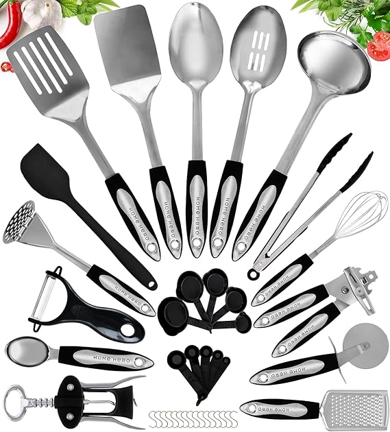 Home Hero 41-Piece Stainless Steel and Silicone Utensil Set 41-piece kitchen utensil set made of 430 stainless steel and silicone heat-resistant non-stick and dishwasher safe.