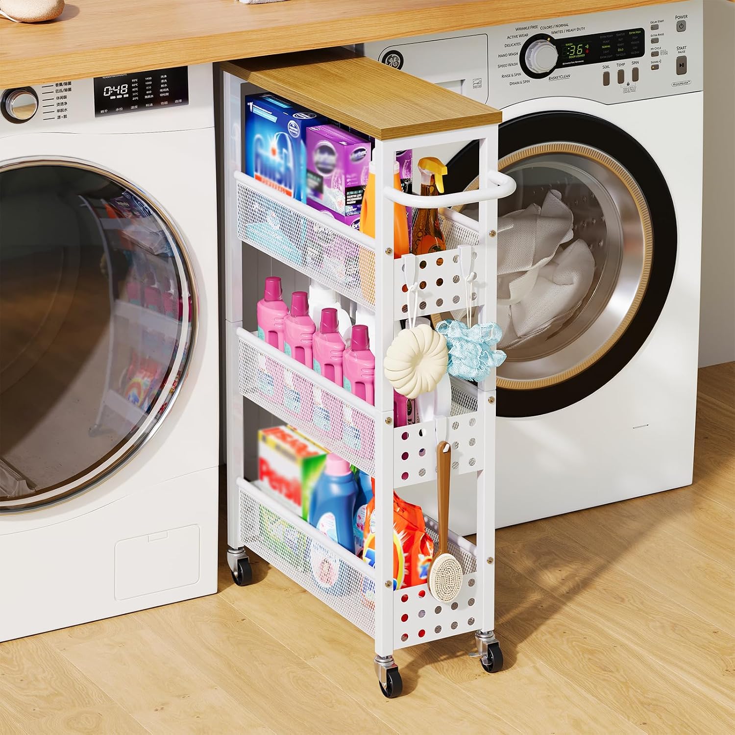 Laundry Room Cart Between Washer and Dryer Storage, Metal Slim Rolling Cart for Bathroom Small Spaces, White Narrow Kitchen Cart with Wheels, Wood Top, Shelf, 4 Tier Skinny Utility Carts Organization