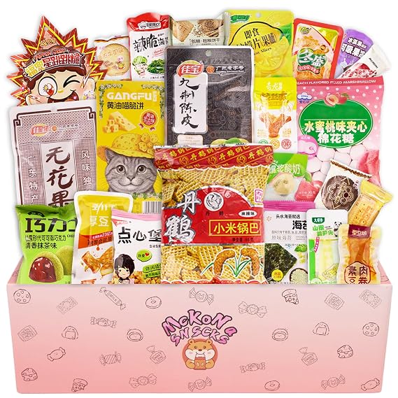 Mckona Chinese Snack Box, 23 Count Asian Snacks Variety Pack for Adults, 35.2 oz/1000g Total Snack Weight, Individually Wrapped Assorted with Candy, Cookies, Chips & Savory Treats, Snack Gift Box