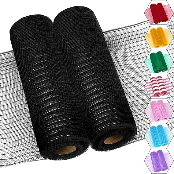 Black 10 Inch Deco Mesh Ribbon, Decorative Mesh Roll for Wreath Supplies Crafts Christmas Tree Garland Easter Valentine Mardi Gras Decoration (2 Rolls)