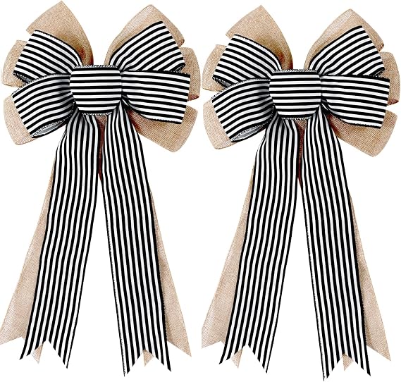 2 Pack Black White Stripe Burlap Fall Bows for Wreaths Decorations | Rustic Farmhouse Crafts Bow for Christmas Gift Wrapping Tree Topper Wedding Holiday Birthday Party Wall Home Front Door