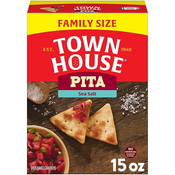 Town House Pita Oven Baked Crackers, Sea Salt, Salty Snacks, Family Size, 15oz Box (1 Box)