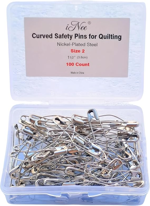 iNee Curved Safety Pins, Quilting Basting Pins, Nickel-Plated Steel, Size 2, 100 Count