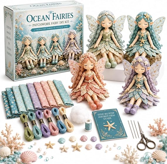 ROTORS Fairy Patchwork DIY Collection,Flower Fairies Patchwork Handmade Sewing Kit, Make 4pcs Winged Elf Cloth Doll for Beginner Crafters Home Decor Unique Gift (D1)