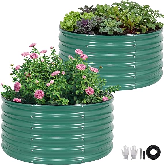 Galvanized Raised Garden Bed,2 PCS 3x3x1.4ft Round Planter LotusGreen
