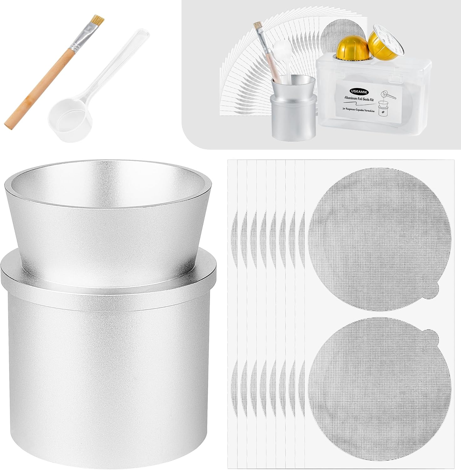 Reusable Vertuo Metal Capsule Refill Kit 100 Pcs Aluminum Foil Seals for Nespresso Vertuoline with a Brush, Scoop, Holder