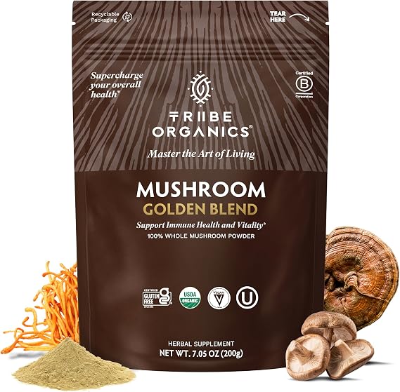 TRIBE ORGANICS Mushroom Golden Blend Powder - Organic Mushroom Powder Complex - 10-in-1 Mushrooms for Immunity Support & Health - 200g Pouch - 100 Servings