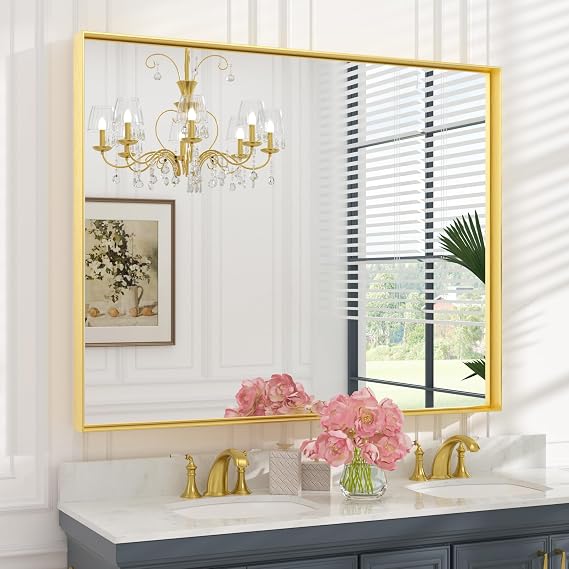 Keonjinn Gold Bathroom Mirrors 48 x 40 Rectangle Wall Vanity Mirror Large Metal Framed Brushed Gold Mirrors Square Corner Farmhouse Mirror for Over Sink(Horizontal/Vertical)