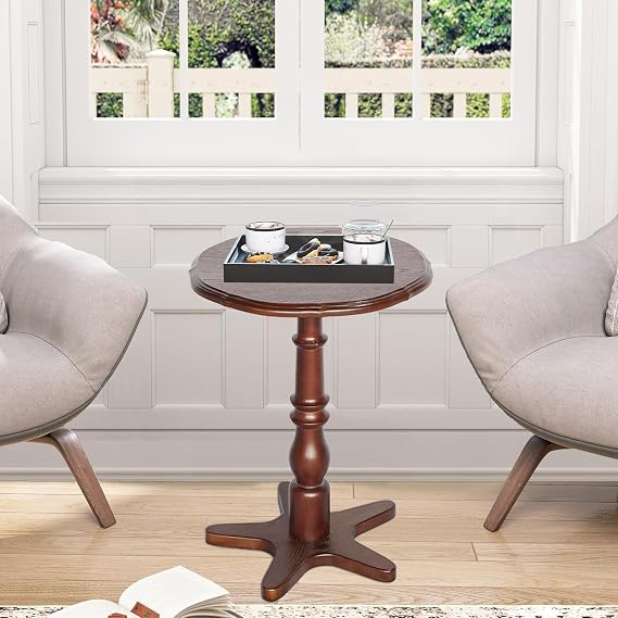 Round Wooden Pedestal Side Table, Walnut, 15.74x21.85 Inch, Vintage Accent End Table for Living Room, Bedroom, Entryway
