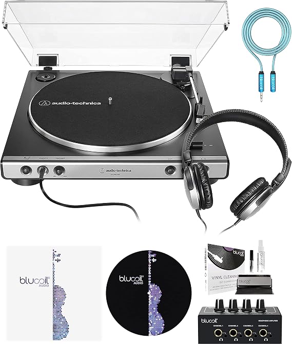 Audio Technica AT-LP60XHP Fully Automatic Belt-Drive Turntable and Headphone Bundle with Blucoil Vinyl Cleaning Kit, LP Inner Sleeve, 12" Slipmat, 6' 3.5mm Headphone Extension Cable, and Headphone Amp