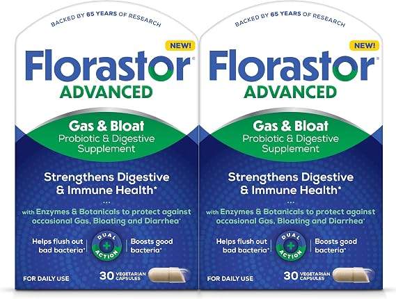 Florastor Advanced Gas & Bloat Probiotic, 30 Capsules (Pack of 2)