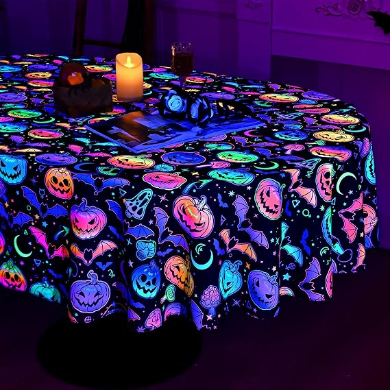 ASPMIZ Halloween Tablecloth Oval, Waterproof Blacklight Pumpkin Table Cloth Wrinkle Resistant, Washable Polyester Tablecloths, UV Reactive Table Cover for Halloween Party Decorations, 60 x 84 Inch
