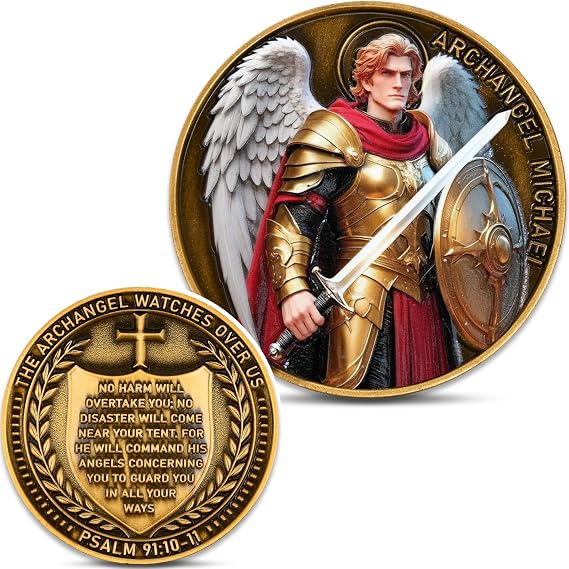 Archangel Michael Challenge Coin - Military Grade Psalm 91:10-11 Scripture Keepsake with Display Case (Single Coin)