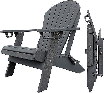 DuraWeather Poly King Size Folding Adirondack - Unwind Edition Featuring Built-in Cup Holders Charcoal Grey
