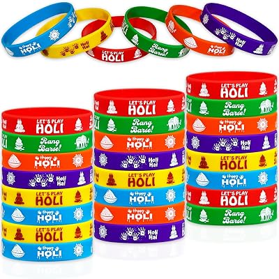 FSHANEE Happy Holi Rubber Bracelets India Holiday Holi Hai Party Supplies India Themed Silicone Wristbands Festival of Light Party Gift Bag Fillers Goodie Bag Stuff, Set of 24 Counts