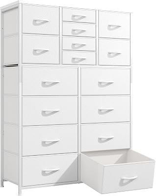 Bepatio 16 Drawers White Dresser for Bedroom, 57 H Large Deep Fabric Dressers & Chest of Drawers with Sturdy Metal Frame, Wooden Top, Living Room, Entryway, Hallway, 11.8 D x 37.5 W x 57 H