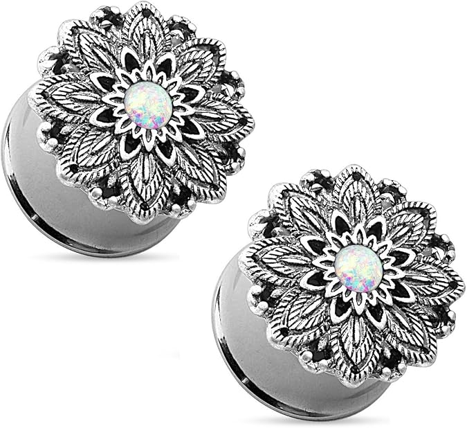 Pierced Owl - Antique Silver Plated Stainless Steel Opal Centered Lotus Flower Top Double Flared Plug Gauges, Sold as a Pair