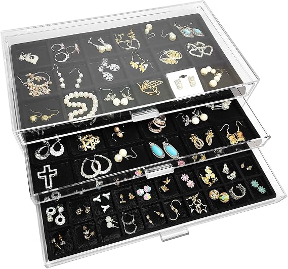 Ikee Design Large Premium Acrylic Jewelry Organizers with 3 Drawers, Acrylic Jewelry Box, Jewelry Display Organizer, Ideal for Vanity,Bathroom,Desktop,14.5 W x 8.25 D x 4.5 H in, with Black Padding