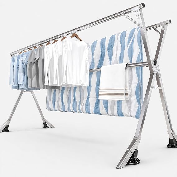 95 Inch Windproof Stainless Steel Folding Clothes Drying Rack | Heavy-Duty Collapsible Laundry Drying Rack for Indoor and Outdoor Use, Clothes Rack with 20 Hooks & 12 Clips