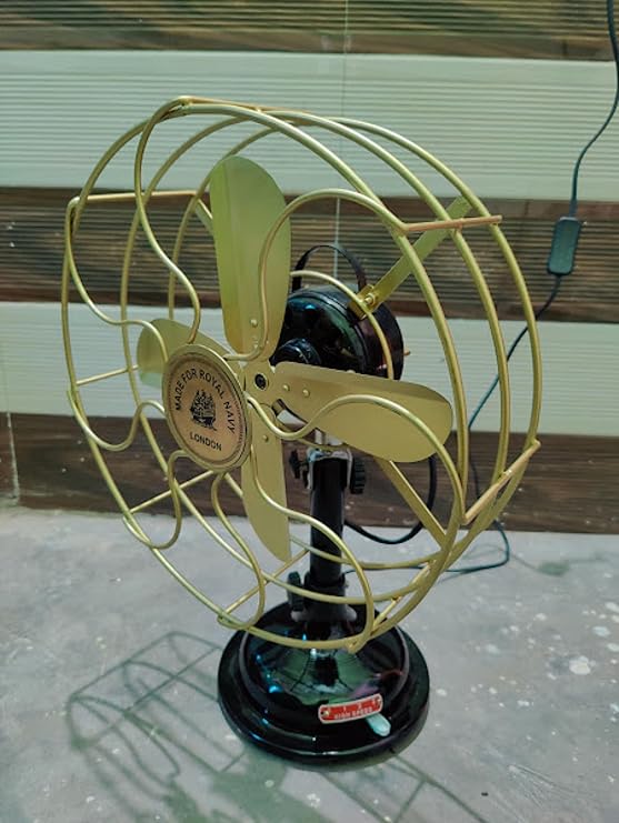 ANTIQUECOLLECTION Antique Royal Navy London Brass Blade and Cage Table Fan Oscillating Desk Fan