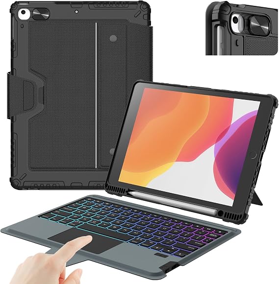 Nillkin iPad 9th Generation (10.2 inch, 2021) Case with Removable Keyboard, Magic Watch Quadrangle, 7 Colors Backlit, Portrait/Landscape Modes, iPad 8./7. Rugged Keyboard with Camera Cover for Generation