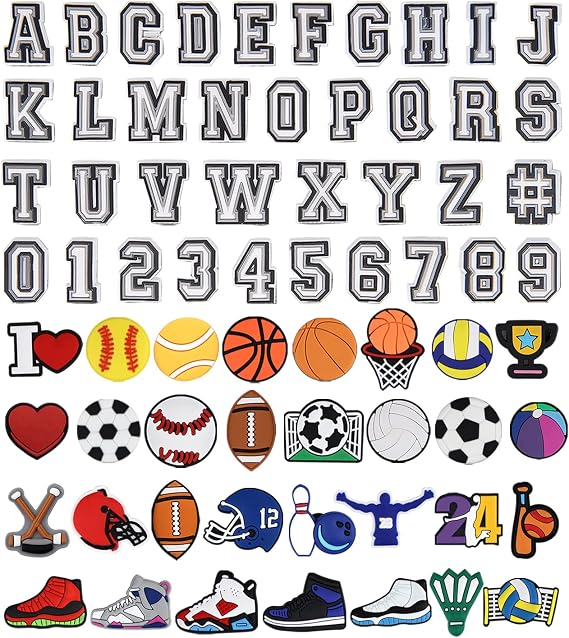 CUNUEN 68 Pack Letter Number and Sport Decoration Charms, Basketball Baseball Hockey Softball Soccer Football Gift