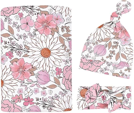 Newborn Swaddle Set with Matching Headband Hat and Bow Set Floral Baby Girl Receiving Blanket Nursery Wildflower Baby Blanket