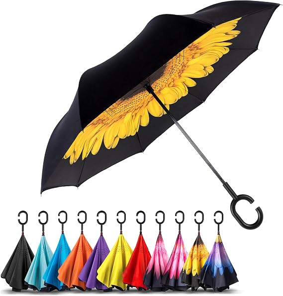 EEZ-Y Reverse Umbrella - Large, Inverted Umbrellas for Rain w/C-Shaped Non-Rust Handle for Men & Women, Windproof & Water Resistant - Summer Rays