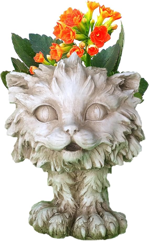 homestyles 12 in. Antique White Scruffy The Cat Muggly Animal Statue Planter Holds 5 in. Pot