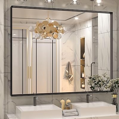 Keonjinn Large Black Bathroom Mirror 48 x 40 Inch, Bathroom Vanity Mirror for Wall, Oversized Metal Framed Mirrors for Over Sink, Rectangle Square Corner Framed Farmhouse MirrorsHorizontalVertical