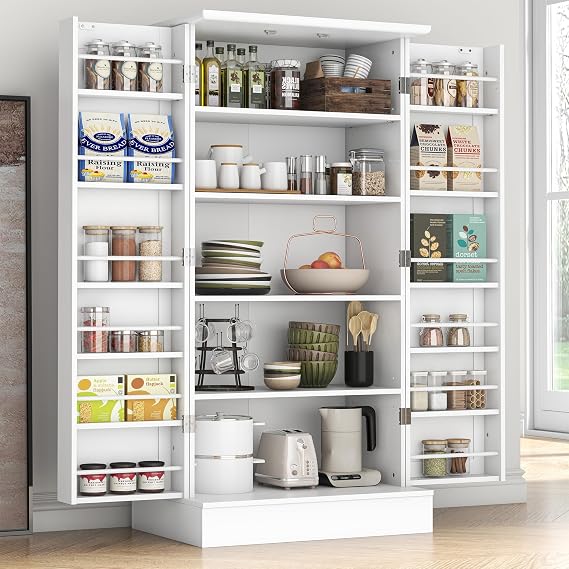 kepptory 47 Inch Pantry Cabinet Kitchen Pantry Storage Cabinet with Door and Adjustable Shelves, Brown Freestanding Buffet Cupboard Sideboard for Living Room and Dining Room White
