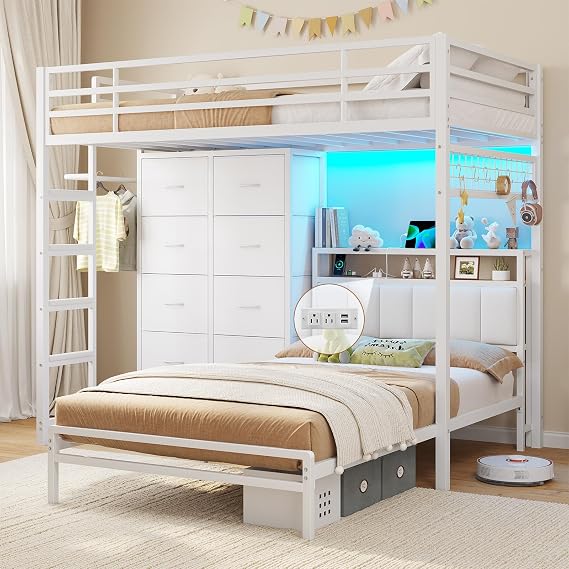 Bunk Bed Twin Over Twin with 8 Storage Drawers,Led Lights,Charging Station
