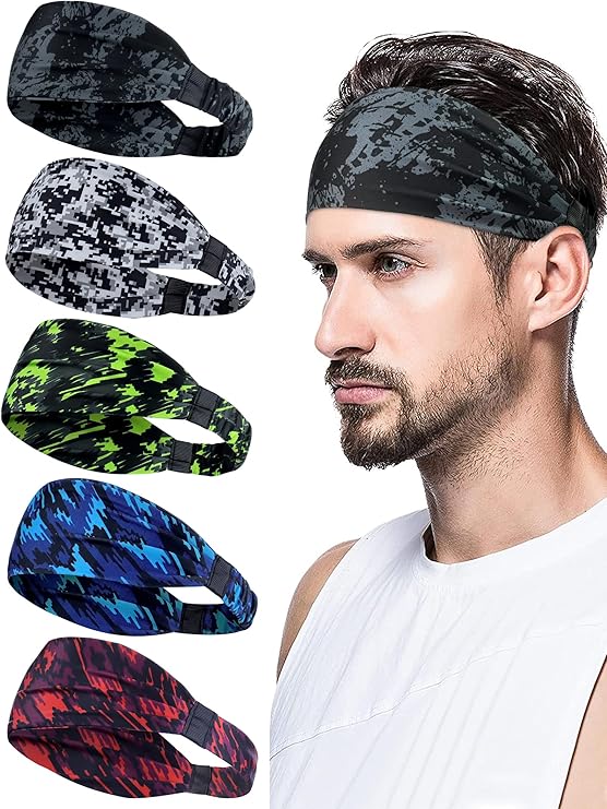 AWUMBUK Sports Headbands for Men, Sweat Bands Headbands Men Absorbent Head Band Stretchy Sweatbands 5 Pack Hair Band Workout Football Running Cycling Fitness (Dark Blue)