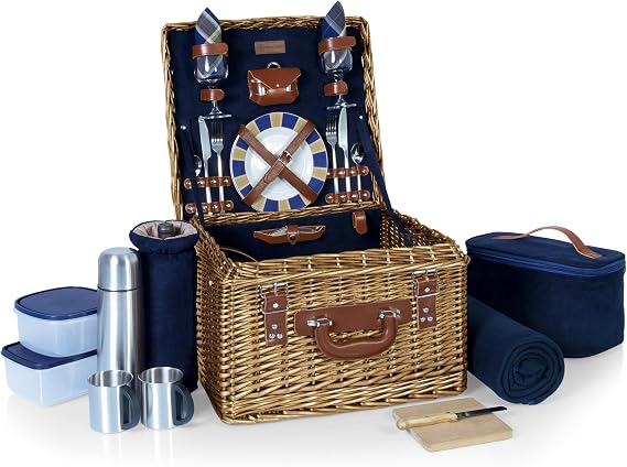 PICNIC TIME Romantic Canterbury Deluxe Wicker Picnic Basket Set for 2, with Blanket and Soft Cooler, One Size, Navy With Plaid