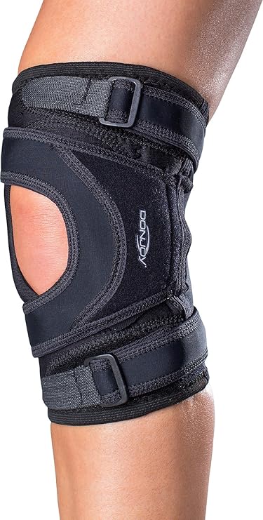 DonJoy Tru-Pull Lite Knee Brace for Patella Instabilities & Dislocations with Bifurcated Strap & Dual-Durometer Buttress | Black | LEFT LEG, Large