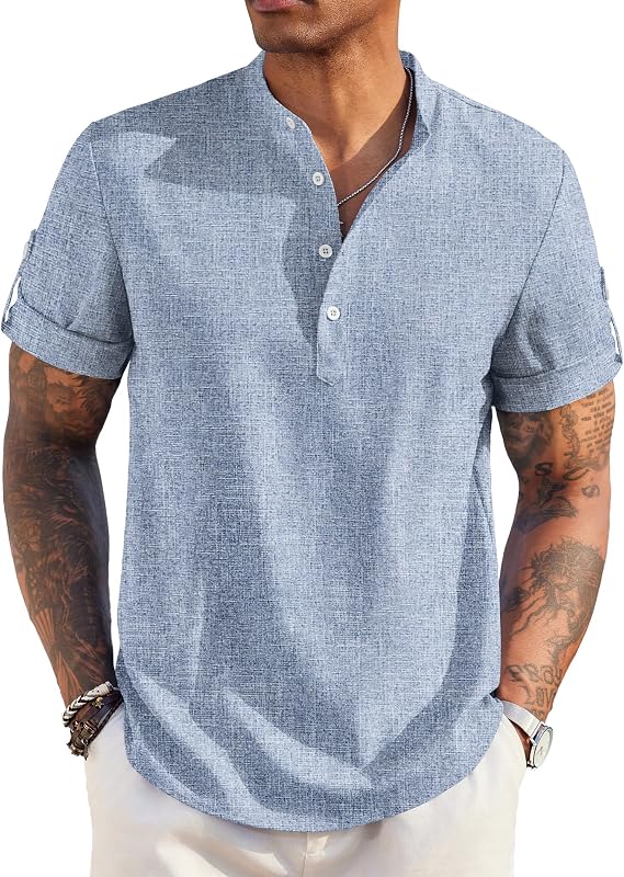 COOFANDY Men's Casual Henley Shirt Short Sleeve Linen Shirt Summer T-Shirts