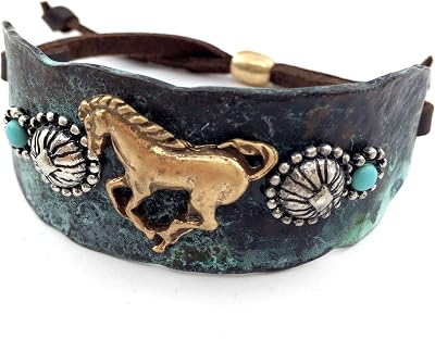 Western Peak Western Hammered Plate Horse Concho Turquoise Brown Leather Cuff Bracelet
