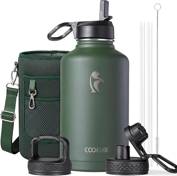 Coolflask Water Bottle 2L Insulated with Straw & 3 Leakproof Lids