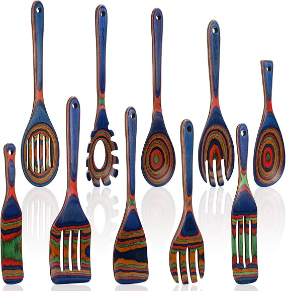 Teenyyou 10 Pcs Pakkawood Kitchen Utensils Set Blue Rainbow Pakkawood Wooden Spoons for Cooking with Spatula, Slotted Turner, Rice Paddle Long Handle Non Stick Utensils Set for Household Women Gifts