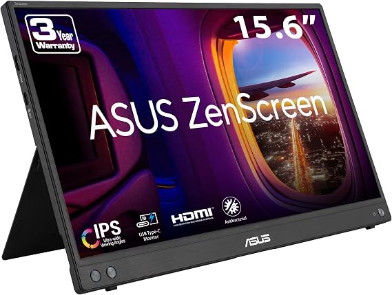 ASUS ZenScreen 16” (15.6 inch viewable) 1080P USB-C Portable Monitor (MB16AHV) - Full HD, IPS, Blue Light Filter, Anti-glare, Mini HDMI, Kickstand, Tripod Mountable, Protective Sleeve,